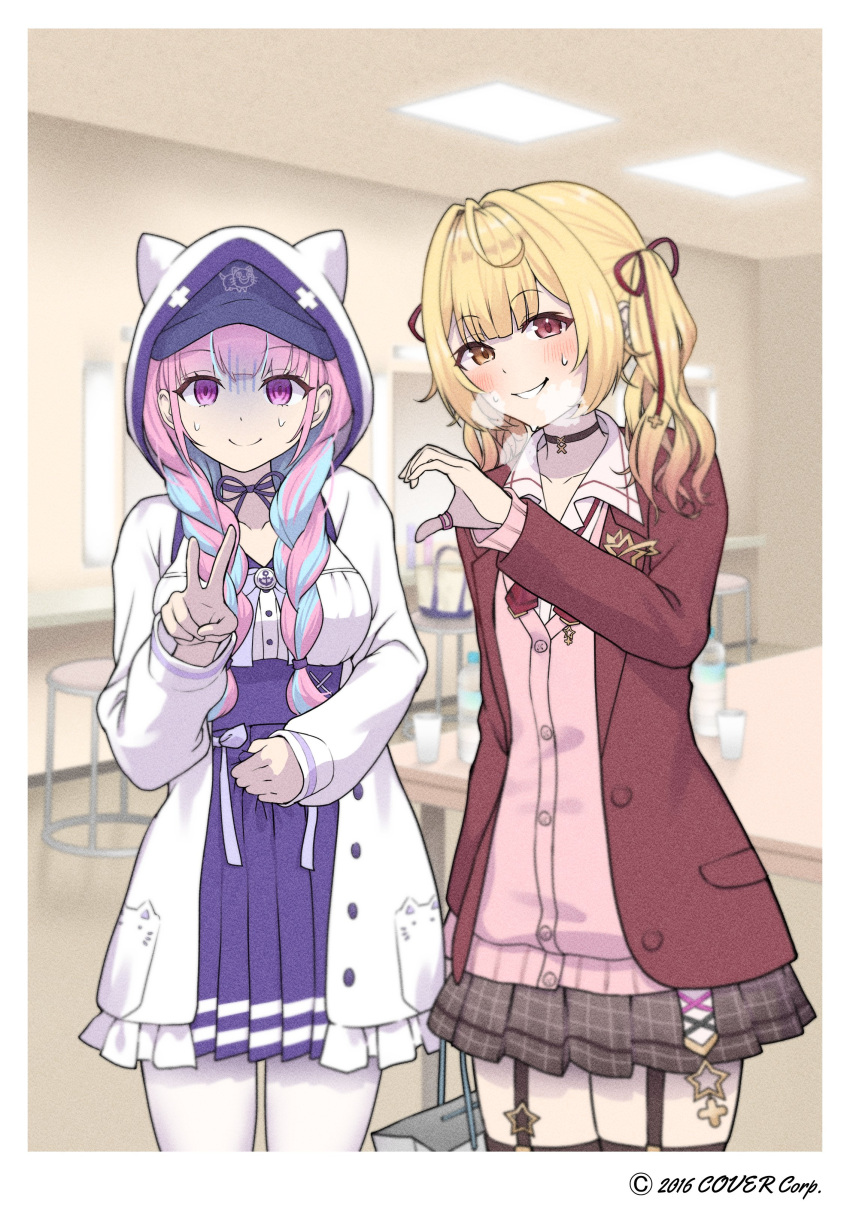 2girls absurdres ahoge anchor_symbol blonde_hair blue_choker blue_hair blush bow bowtie braid brown_choker brown_jacket cardigan cardigan_under_jacket choker closed_mouth colored_inner_hair copyright empty_eyes english_text garter_straps hair_ribbon heart_hands_failure heavy_breathing heterochromia high-waist_skirt highres hololive hood hoodie hoshikawa_sara hoshikawa_sara_(4th_costume) jacket lapel_pin lapels long_hair long_sleeves looking_at_viewer loose_bowtie minato_aqua minato_aqua_(5th_costume) moto_oji-san multicolored_hair multiple_girls neko_(minato_aqua) nijisanji official_alternate_costume official_alternate_hairstyle pantyhose parted_lips pink_cardigan plaid plaid_skirt pleated_skirt purple_eyes red_bow red_bowtie red_eyes red_ribbon ribbon ribbon_choker school_uniform shirt skirt smile standing sweat thighhighs twin_braids twintails two-tone_hair v virtual_youtuber white_jacket white_pantyhose white_shirt yellow_eyes