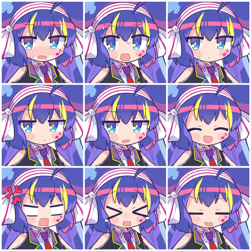 &gt;_&lt; 1girl =_= @_@ angry blank_eyes blonde_hair blue_eyes blush blush_stickers border clothing_cutout commentary_request embarrassed expressions facial_mark fang flustered frown furrowed_brow happy hat highres looking_at_viewer multicolored_eyes multicolored_hair multiple_views necktie nervous_sweating nose_blush open_mouth otomachi_una otomachi_una_(spicy) purple_hair red_necktie richard_(richaball) shoulder_cutout skin_fang smile streaked_hair sweat sweatdrop tearing_up vocaloid wavy_mouth white_border worried yellow_pupils