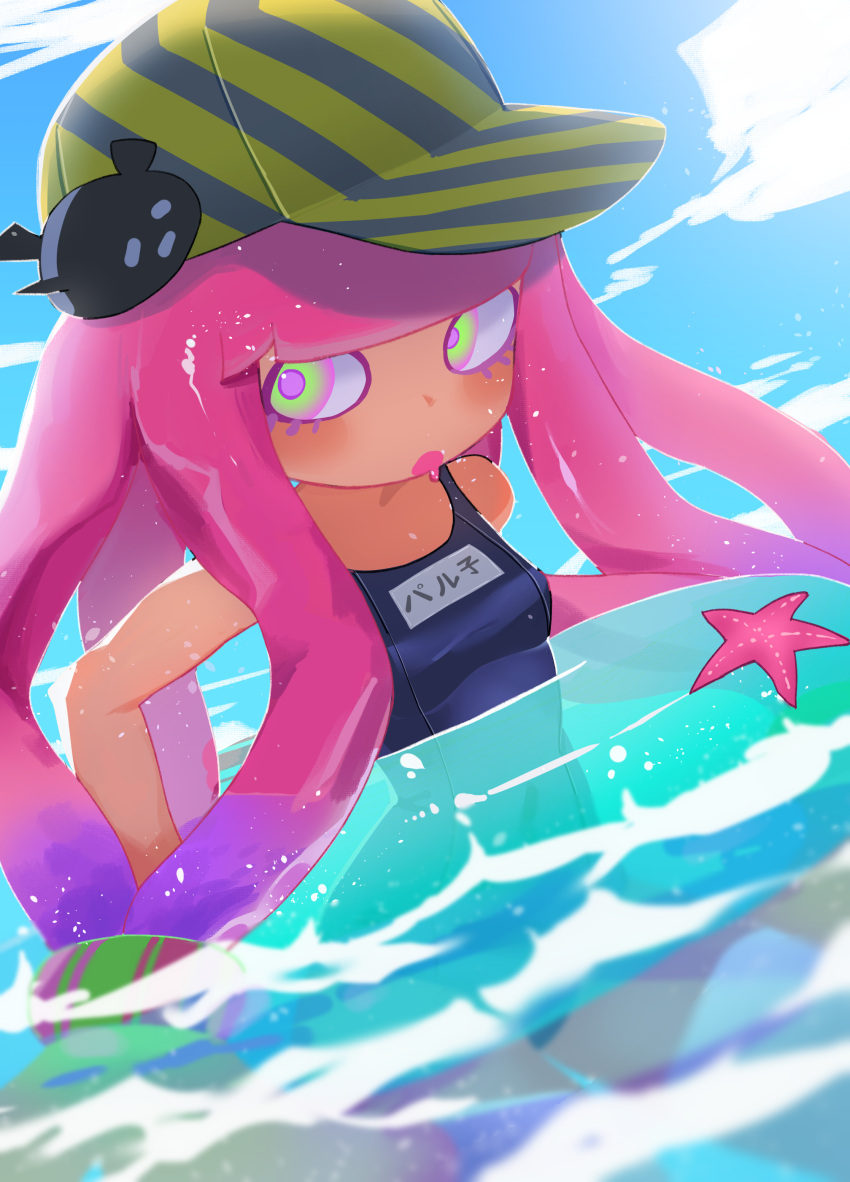 1girl absurdres baseball_cap blue_one-piece_swimsuit blush breasts cloud clownfish drooling fish green_eyes harmony's_clownfish_(splatoon) harmony_(splatoon) hat highres innertube long_hair looking_at_viewer name_tag old_school_swimsuit one-piece_swimsuit open_mouth outdoors partially_submerged pink_hair ppuna school_swimsuit sky small_breasts splatoon_(series) starfish striped striped_headwear swimsuit tentacle_hair tentacles tropical_fish water