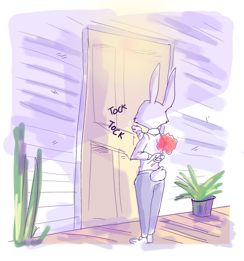 anthro bottomwear building clothing comic door flower hi_res house knocking_on_door lagomorph leporid male mammal outside pants plant rabbit renita_reed scut_tail shirt short_tail solo tail topwear white_body