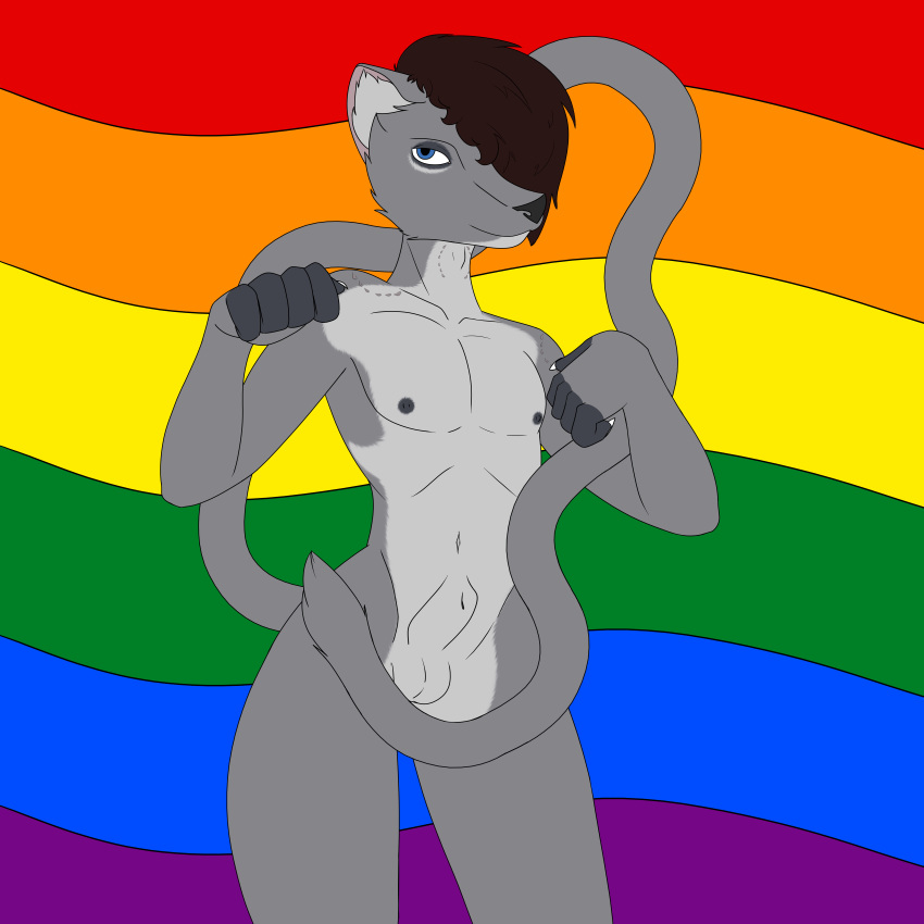 absurd_res animal_genitalia anthro balls bite_mark_on_neck bite_mark_on_shoulder caxy caxy_creations david_seltz fully_sheathed genitals hi_res hybrid lgbt_pride long_tail male nipples nude pride_color_background pride_colors scar sheath simple_background smile solo tail