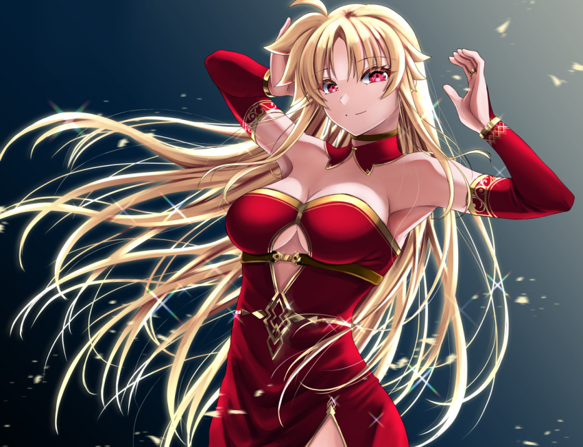 1girl blonde_hair blush breasts cleavage closed_mouth dress fate_testarossa large_breasts long_hair looking_at_viewer lyrical_nanoha mahou_shoujo_lyrical_nanoha_strikers red_dress red_eyes simple_background smile solo sougetsu_izuki underboob upper_body