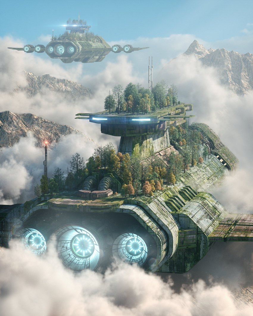 above_clouds absurdres aircraft airship annibale_siconolfi blue_eyes cloud day english_commentary flying highres moss mountain no_humans original outdoors overgrown scenery science_fiction sky tree