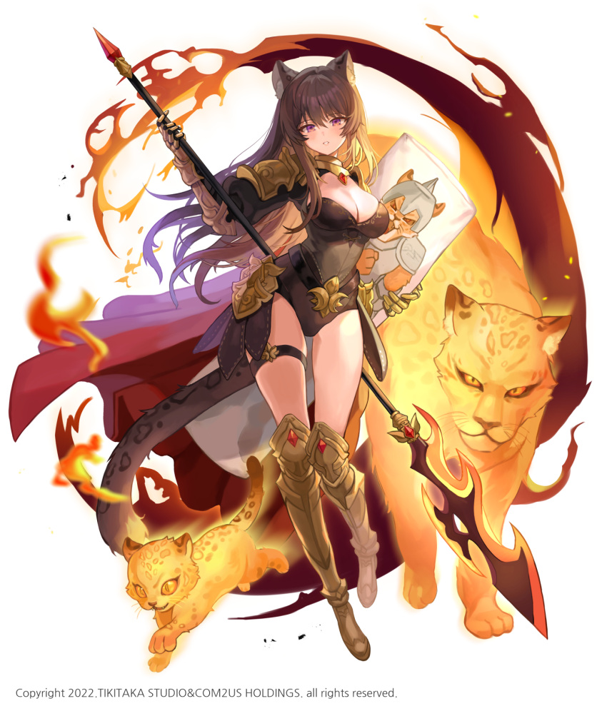 1girl animal_ear_fluff animal_ears arcana_tactics armor armored_boots black_hair black_leotard boots breasts cleavage copyright faulds full_body gauntlets gem hand_up highres holding holding_pillow holding_polearm holding_weapon knee_boots large_breasts leopard leopard_ears leopard_girl leopard_tail leotard lerome long_sleeves looking_at_viewer official_art parted_lips pillow polearm puffy_long_sleeves puffy_sleeves purple_eyes red_gemstone shoulder_armor showgirl_skirt sidelocks simple_background solo tail thigh_strap weapon white_background