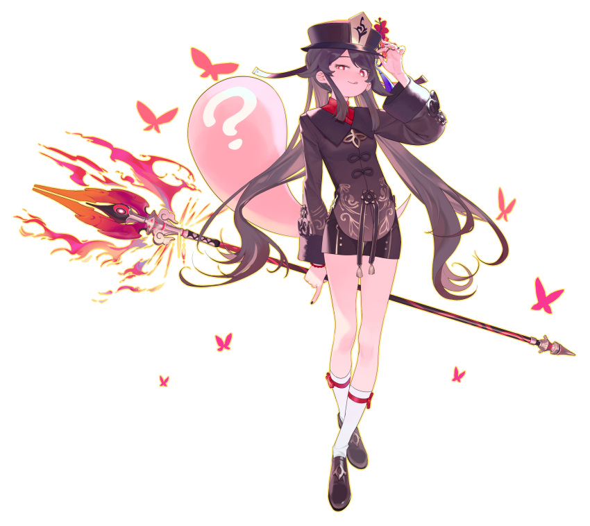 1girl :q ? absurdres black_nails bracelet brown_hair bug butterfly flower flower-shaped_pupils full_body genshin_impact ghost hand_on_headwear hat hat_flower highres holding holding_polearm holding_weapon hu_tao_(genshin_impact) jewelry kneehighs long_hair long_sleeves looking_at_viewer multiple_rings nail_polish polearm red_flower ring shoes short_shorts shorts sidelocks simple_background socks solo spear staff_of_homa_(genshin_impact) symbol-shaped_pupils tassel tongue tongue_out twintails very_long_hair weapon white_background white_socks zippo_(2387576974)