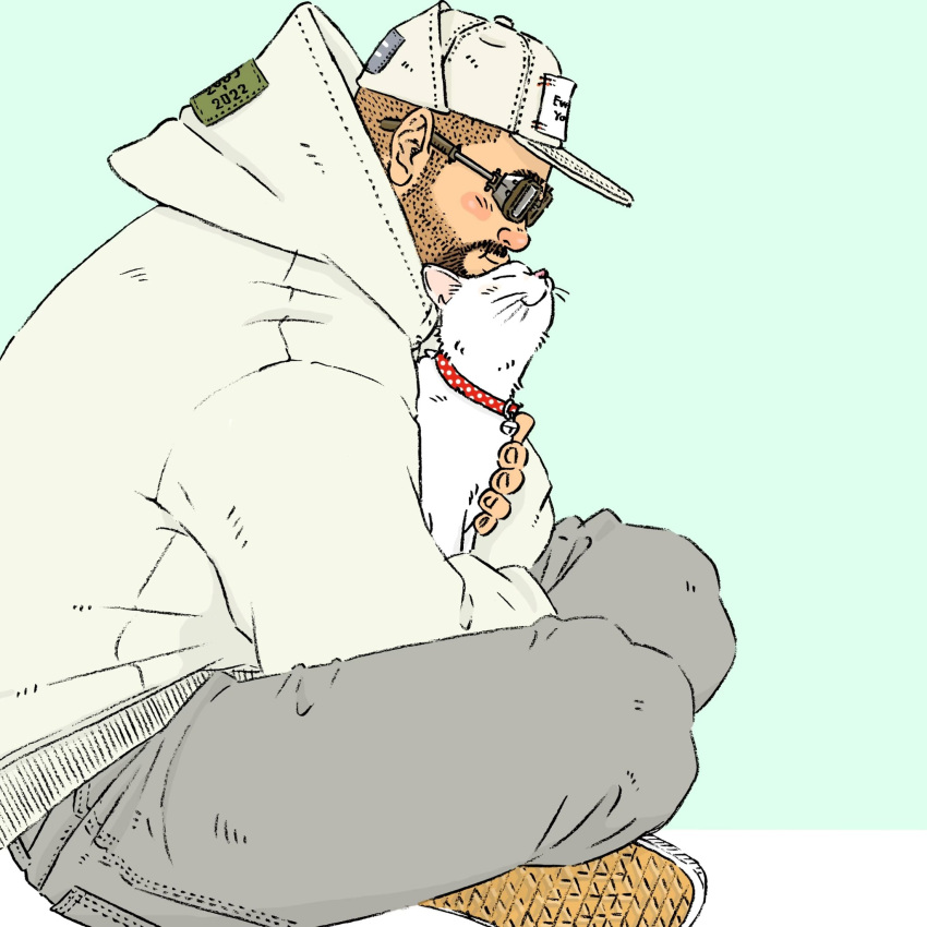 1boy animal_on_lap bara baseball_cap beard blush_stickers cat cat_on_lap denim facial_hair from_side full_body glasses goatee grey_pants hat head_on_head head_rest heads_together highres hood hood_down inu_yoshi_(neko_yoshi) jeans kiss looking_to_the_side male_focus mature_male on_lap original pants petting shoes solo