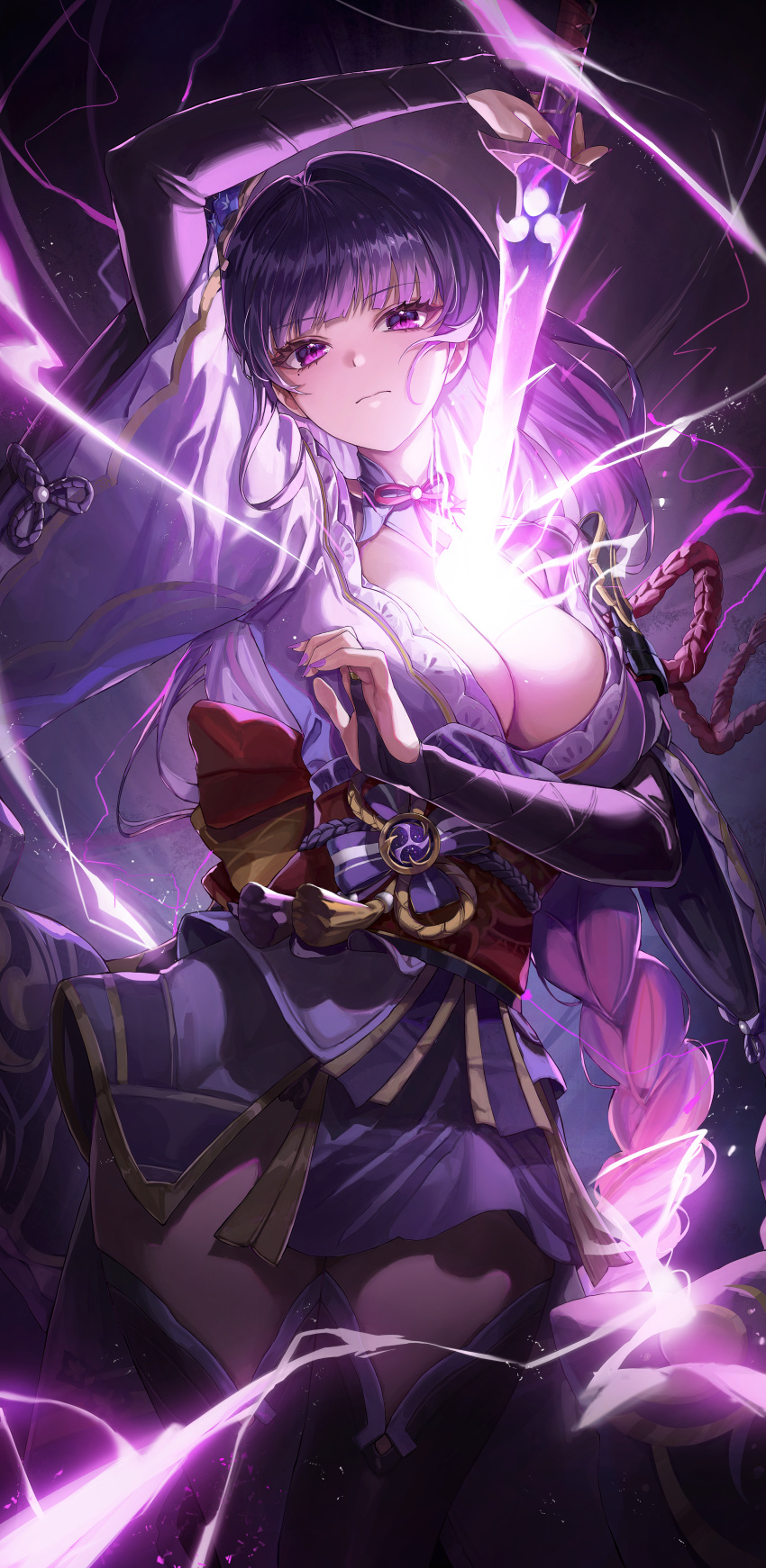 1girl absurdres blush braid braided_ponytail breasts bridal_gauntlets cleavage drawing_sword electricity engulfing_lightning_(genshin_impact) flower genshin_impact hair_ornament highres holding holding_sword holding_weapon human_scabbard japanese_clothes kimono large_breasts long_hair long_sleeves looking_at_viewer mole mole_under_eye obi obiage obijime purple_eyes purple_flower purple_hair purple_kimono purple_nails raiden_shogun ryu_o sash solo sword thighhighs very_long_hair weapon