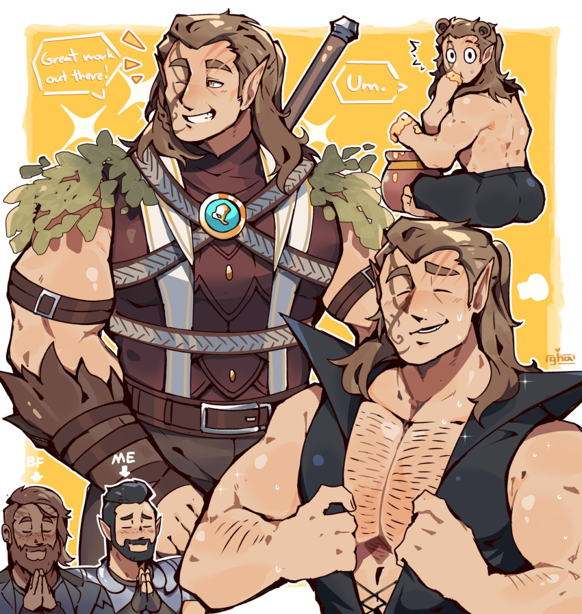 3boys absurdres animal_ears arm_belt ass baldur's_gate baldur's_gate_3 bara bear_ears beard blush braid brown_hair character_request chest_hair chibi chibi_inset closed_eyes collage dark-skinned_male dark_skin deformed dungeons_and_dragons eating elf english_text facial_hair graysheartart halsin highres honey jacket kemonomimi_mode large_pectorals male_focus mature_male medium_hair multiple_boys multiple_views muscular muscular_male mustache one_eye_closed open_clothes open_jacket own_hands_together palms_together pectoral_cleavage pectorals pointy_ears praying sparse_arm_hair sweat sword sword_behind_back tattoo thick_eyebrows undressing very_sweaty weapon yaoi