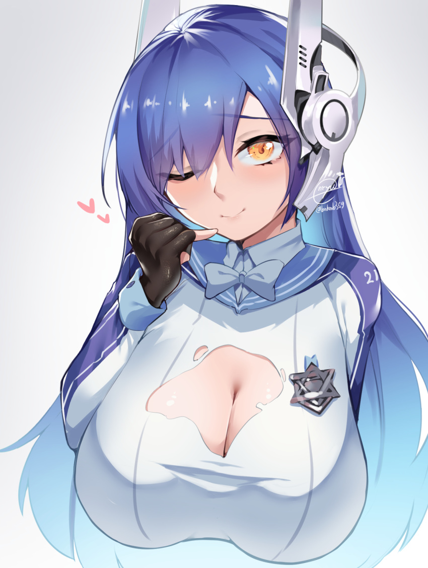 1girl blue_hair bow bowtie breasts cleavage commission enryuu_(rmxs3488) fingerless_gloves girls'_frontline gloves headgear heart hexagram highres long_hair looking_at_viewer one_eye_closed pinky_out pixiv_commission sailor_collar smile star_of_david tar-21_(girls'_frontline) torn_clothes upper_body white_bow white_bowtie