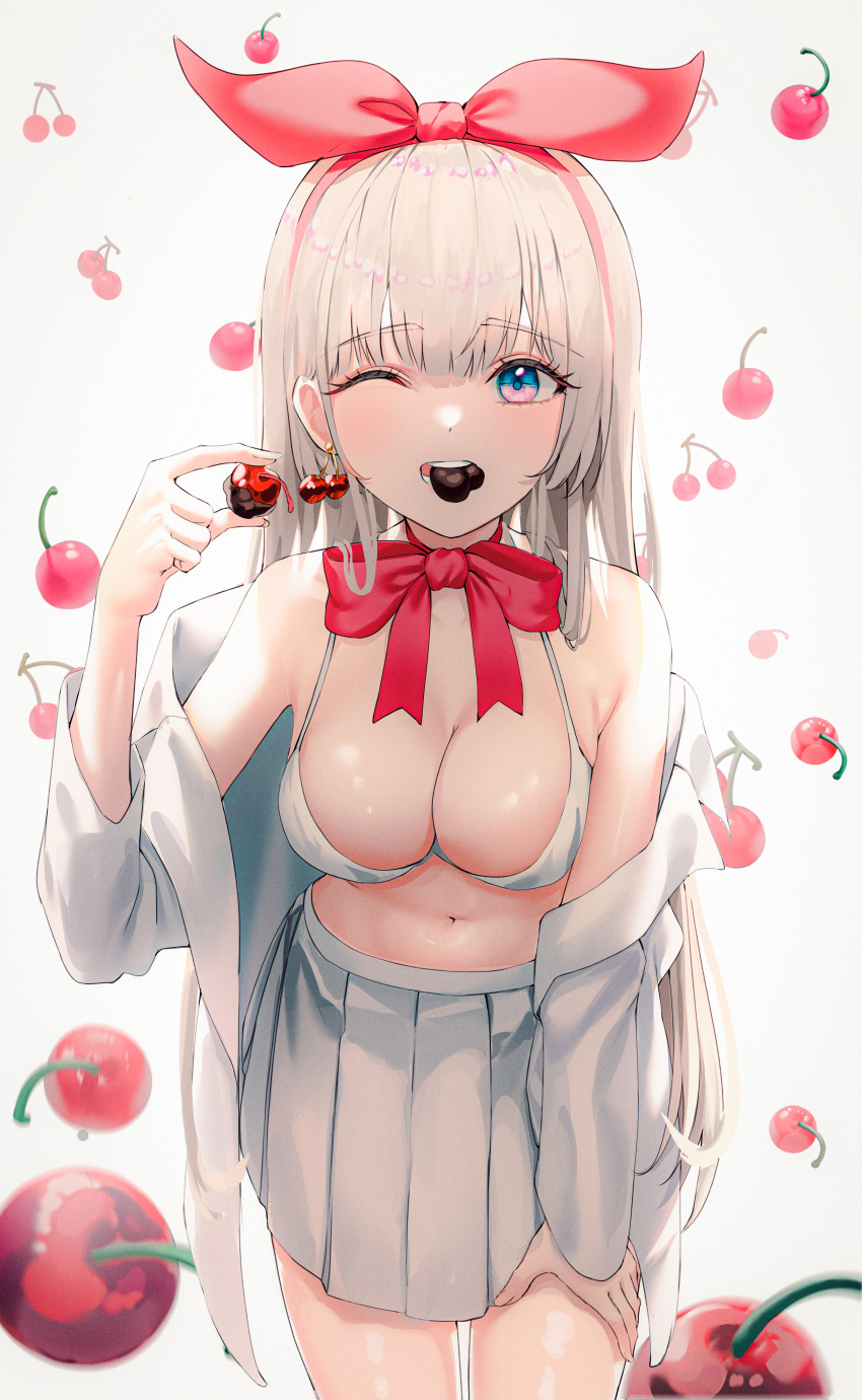 1girl absurdres bow bowtie bra breasts cherry cherry_earrings chocolate cleavage cowboy_shot earrings food food-themed_earrings food_in_mouth fruit hair_ribbon hairband hand_on_own_thigh hand_up highres holding holding_food holding_fruit jewelry jisu_lee large_breasts leaning_forward long_hair long_sleeves mouth_hold navel one_eye_closed open_clothes open_mouth open_shirt original pleated_skirt red_bow red_bowtie red_hairband red_ribbon ribbon shirt single_earring skirt solo stomach teeth underwear white_background white_bra white_hair white_shirt