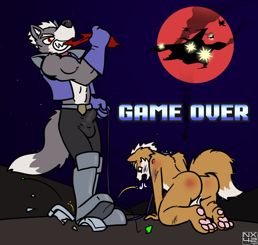absurd_res anthro arwing blood_moon boots bottomwear bruised bulge butt canid canine canis clothing collar defeated defeated_hero duo explosion footwear fox fox_mccloud game_over gameplay_mechanics great_fox hi_res immelmann leash leather leather_bottomwear leather_clothing leather_pants male male/male mammal mercenary moon nintendo pants scratches sky sonicality spacecraft star star_fox starry_sky stomping topwear vehicle vest wolf wolf_o'donnell wolfen wounded
