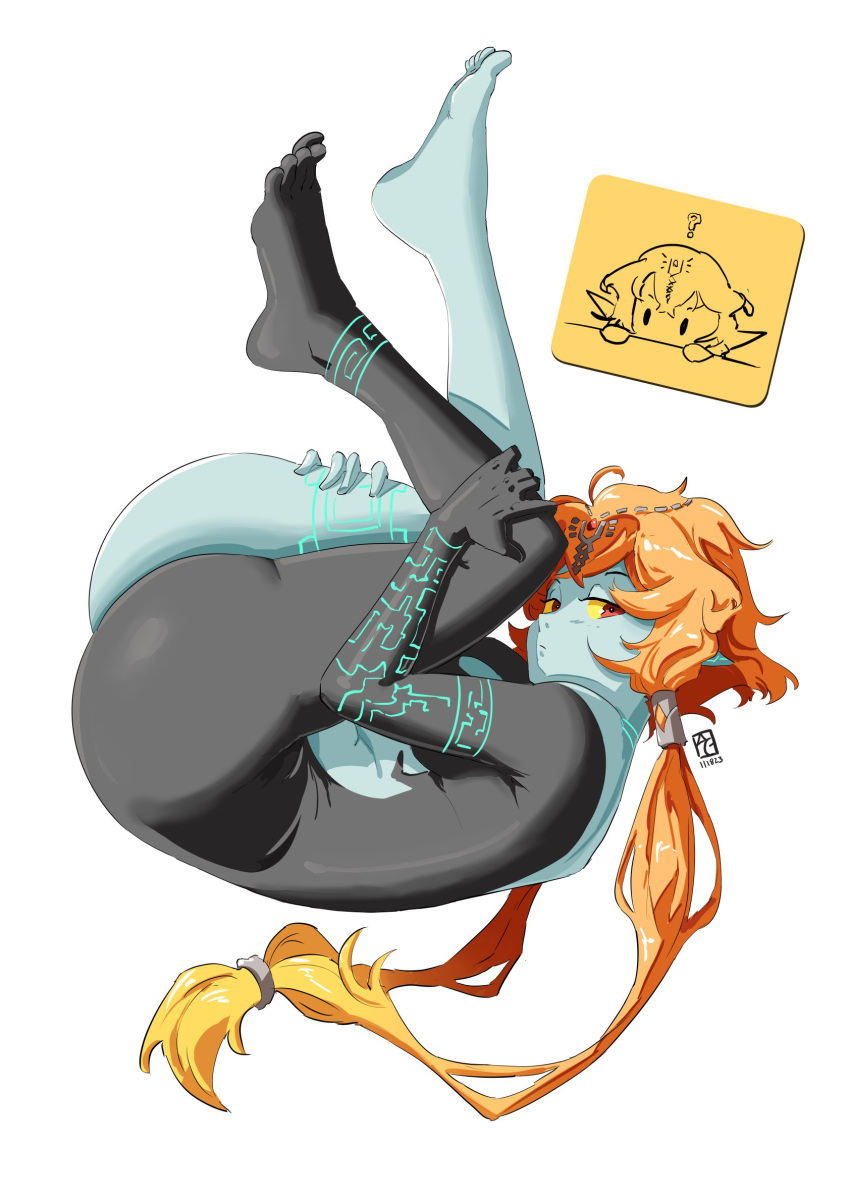 1girl ass automatic_giraffe barefoot black_skin breasts closed_mouth colored_sclera colored_skin completely_nude english_commentary full_body grey_skin highres long_hair looking_at_viewer medium_breasts midna midna_(true) multicolored_skin nude orange_hair pointy_ears red_eyes solo the_legend_of_zelda the_legend_of_zelda:_twilight_princess thick_thighs thighs toes two-tone_skin white_background yellow_sclera