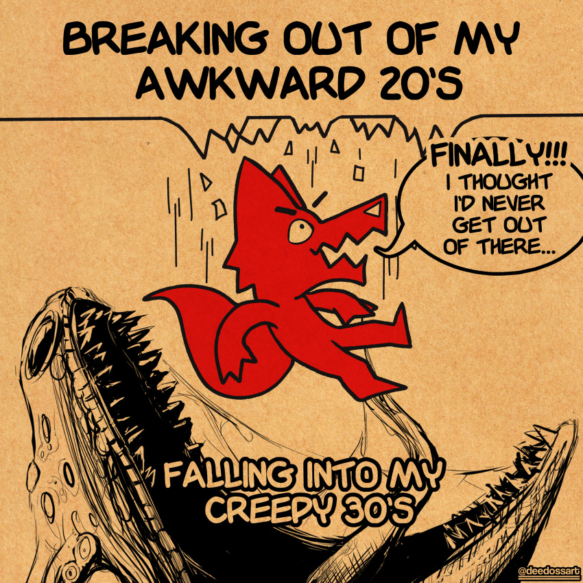 absurd_res ambiguous_gender anthro birthday bodily_fluids breaking canid canine canis cardboard ceiling comic comic_panel creepy deedoss dialogue falling fox hi_res humor imminent_vore long_tongue male mammal open_mouth red_body red_eyes redd_(deedoss) reptile restraints saliva scalie sharp_teeth simple_background simple_coloring simple_eyes simple_face solo teeth text tongue tongue_out unaware wolf