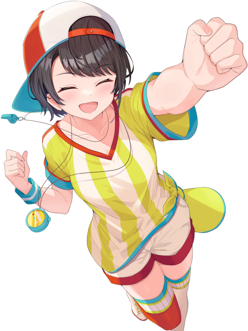 1girl :d adju_ster arm_up asymmetrical_bangs asymmetrical_legwear baseball_cap black_hair blush clenched_hand closed_eyes collarbone commentary_request dot_nose facing_viewer hat highres hololive leg_up mismatched_legwear oozora_subaru open_mouth outstretched_arm red_thighhighs shirt short_hair shorts sidelocks simple_background smile solo standing stopwatch stopwatch_around_neck striped striped_shirt sweatband thighhighs two-tone_shirt vertical-striped_shirt vertical_stripes virtual_youtuber whistle whistle_around_neck white_background white_thighhighs