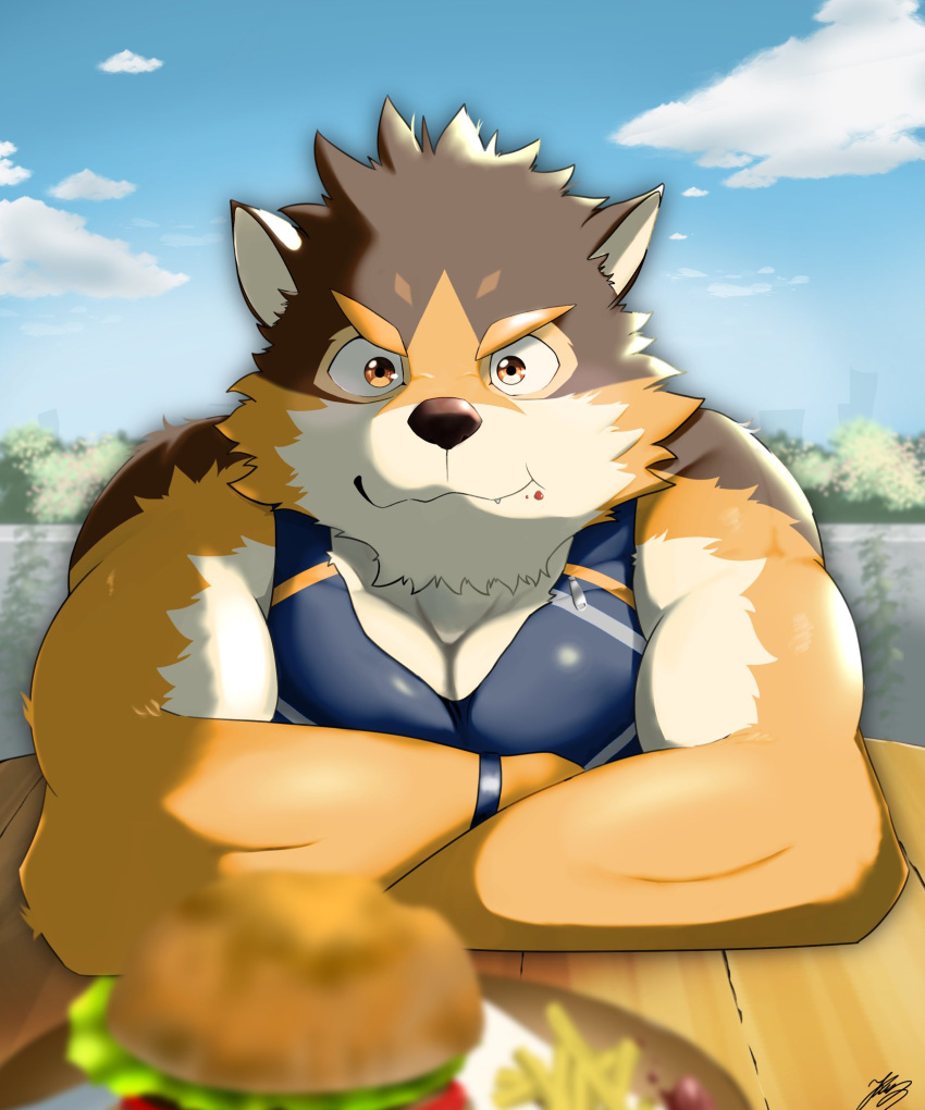 anthro barrel_(live_a_hero) biceps burger canid canine canis clothing eating food hi_res kt0414143919 lifewonders live_a_hero looking_at_viewer male mammal muscular muscular_anthro muscular_male pecs shirt solo tank_top topwear wolf