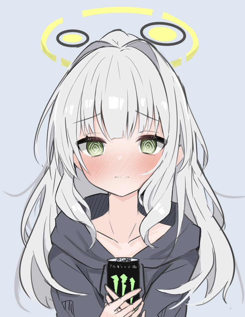 1girl @_@ black_hoodie blue_archive blush can closed_mouth collarbone green_eyes grey_background grey_hair halo hare_(blue_archive) highres holding holding_can hood hood_down hoodie long_hair long_sleeves looking_at_viewer monster_energy nono54558 ponytail simple_background solo upper_body
