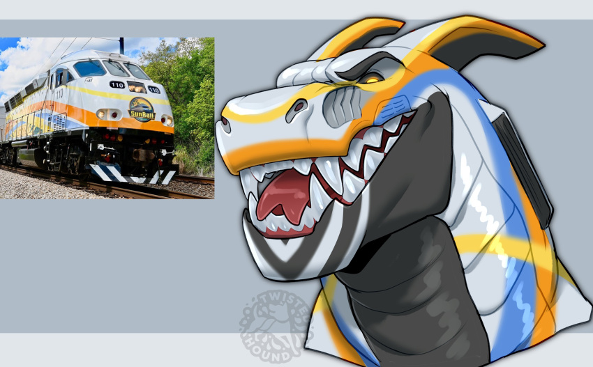 belly black_belly black_sclera blue_markings countershading dragon feral grey_background hi_res horn how_to_dragon_your_train hybrid living_machine living_train living_vehicle locomorph locomotive machine male markings motivepower mpi_mpxpress open_mouth orange_markings photo reptile scale_markings scales scalie simple_background solo sunrail teeth tongue train twistedhound vehicle white_body yellow_eyes yellow_markings