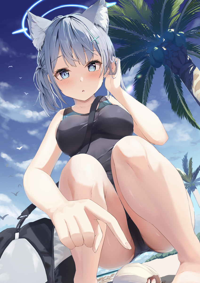 1girl absurdres animal_ear_fluff animal_ears ass bare_arms bare_legs bare_shoulders barefoot beach black_one-piece_swimsuit blue_archive blue_eyes blue_halo blush breasts competition_swimsuit cross_hair_ornament day extra_ears grey_hair hair_ornament halo highres looking_at_viewer matcha_(user_yyss8744) medium_breasts medium_hair ocean official_alternate_costume one-piece_swimsuit outdoors parted_lips shiroko_(blue_archive) shiroko_(swimsuit)_(blue_archive) sideboob solo squatting swimsuit wolf_ears