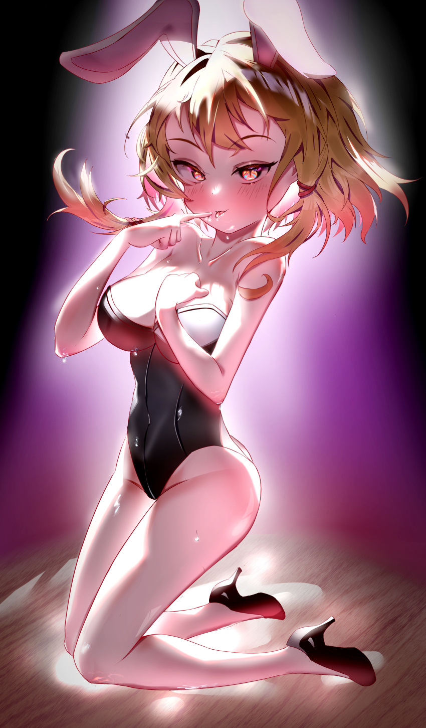 1girl absurdres animal_ears black_footwear black_leotard blonde_hair blush breasts cleavage collarbone commentary_request full_body high_heels highres large_breasts leotard looking_at_viewer medium_hair moriya_suwako playboy_bunny rabbit_ears sidelocks solo sweat touhou yomatsuri_(festival_night)