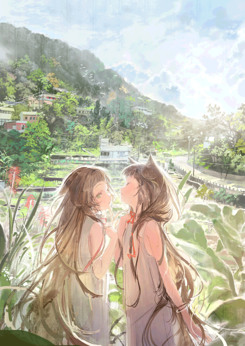 2girls absurdres animal_ears blunt_bangs brown_hair cat_ears closed_mouth cloud cloudy_sky day dress female_child from_side grey_dress highres kurikabacha leaf long_hair mountain multiple_girls neck_ribbon oil_painting_(medium) original outdoors painting_(medium) red_ribbon ribbon rural scenery sidelocks sky traditional_media