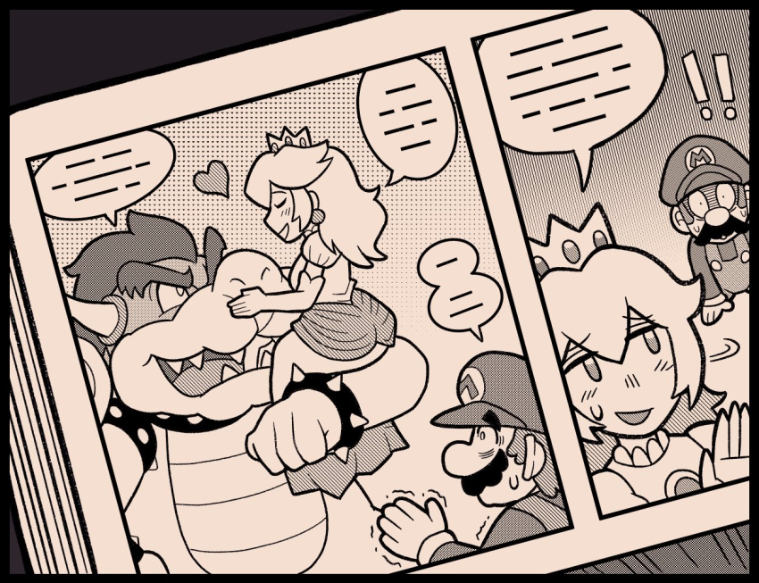 ! !! 1girl 2boys :d ayyk92 blush bowser crown dress facial_hair gloves greyscale hat heart looking_at_another manga_(object) mario mario_(series) monochrome multiple_boys mustache princess_peach puffy_short_sleeves puffy_sleeves short_sleeves smile