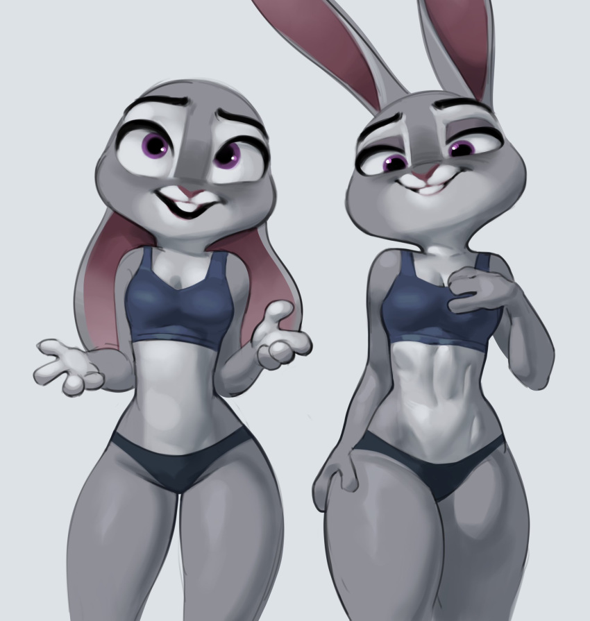 2023 abs anthro breasts buckteeth cleavage clothed clothing disney female fur grey_body grey_fur hi_res judy_hopps lagomorph leporid long_ears mammal multicolored_body multicolored_fur open_mouth open_smile purple_eyes qupostuv35 rabbit simple_background smile solo teeth two_tone_body two_tone_fur white_body white_fur zootopia