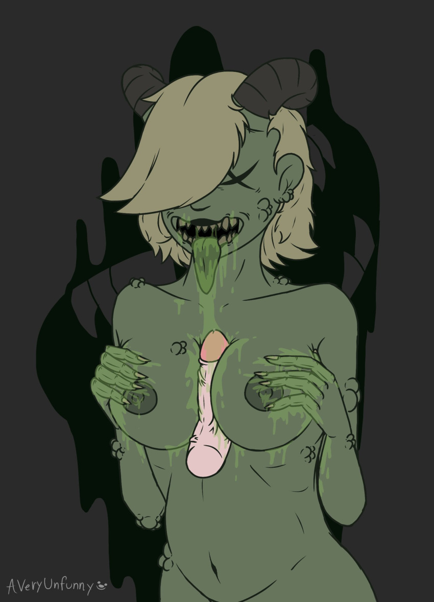 areola averyunfunny big_breasts bodily_fluids breast_play breasts demon demon_humanoid disembodied_penis female genitals green_areola green_nipples green_tongue grey_background grey_horn hair hair_over_eye hand_on_breast hi_res horn horned_humanoid humanoid mahalath_(tboi) male male/female nails navel nipples nude one_eye_obstructed open_mouth penis saliva sex sharp_nails simple_background slightly_chubby solo tan_hair the_binding_of_isaac_(series) titfuck tongue tongue_out undead x_eyes