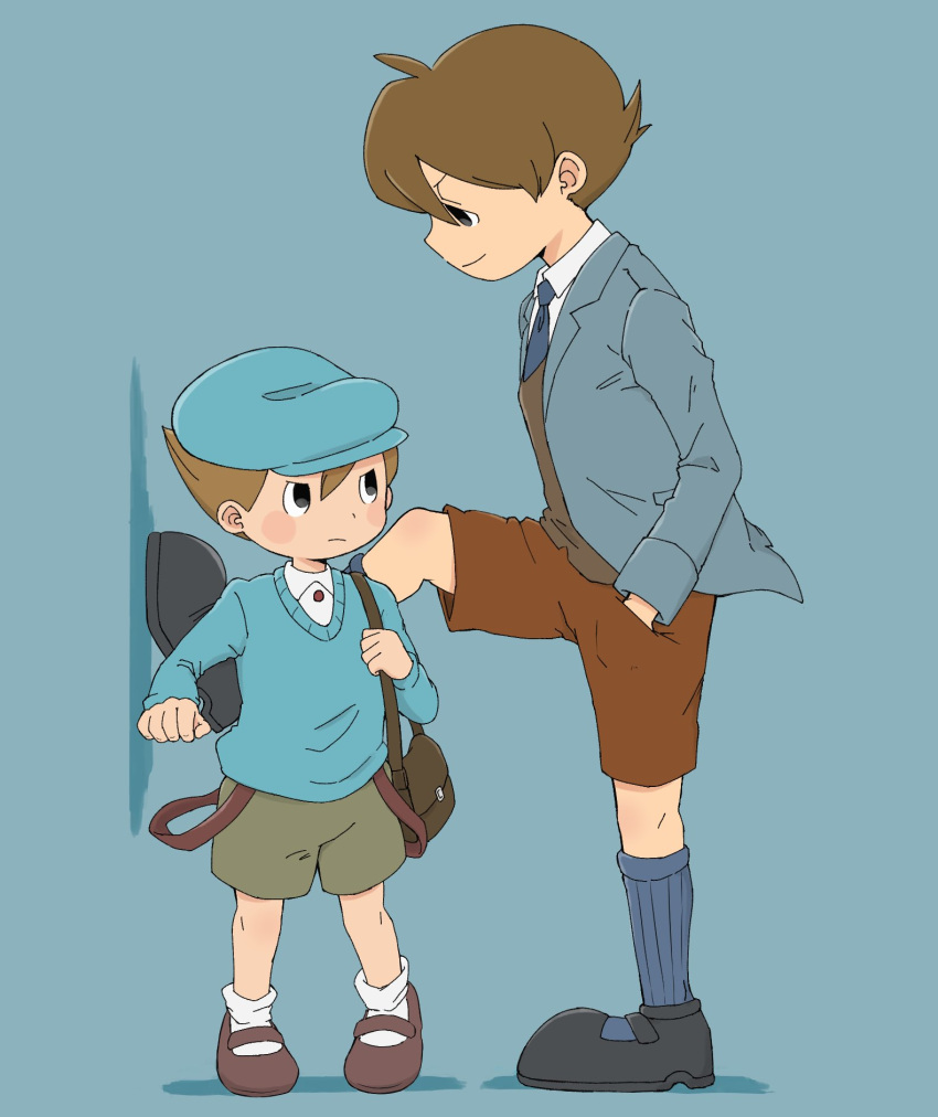 2boys bag black_eyes black_footwear blue_background blue_headwear blue_jacket blue_necktie blue_socks blue_sweater blush brown_bag brown_footwear brown_hair brown_shorts brown_vest bullying cabbie_hat closed_mouth collared_shirt commentary_request frown full_body future_luke green_shorts hand_in_pocket hat height_difference highres jacket kiwami_(kiwamimuneko) leg_up long_sleeves looking_at_another luke_triton male_focus multiple_boys necktie professor_layton professor_layton_and_the_unwound_future shirt shoes short_hair shorts shoulder_bag smile socks standing suspenders_hanging sweater vest white_shirt white_socks