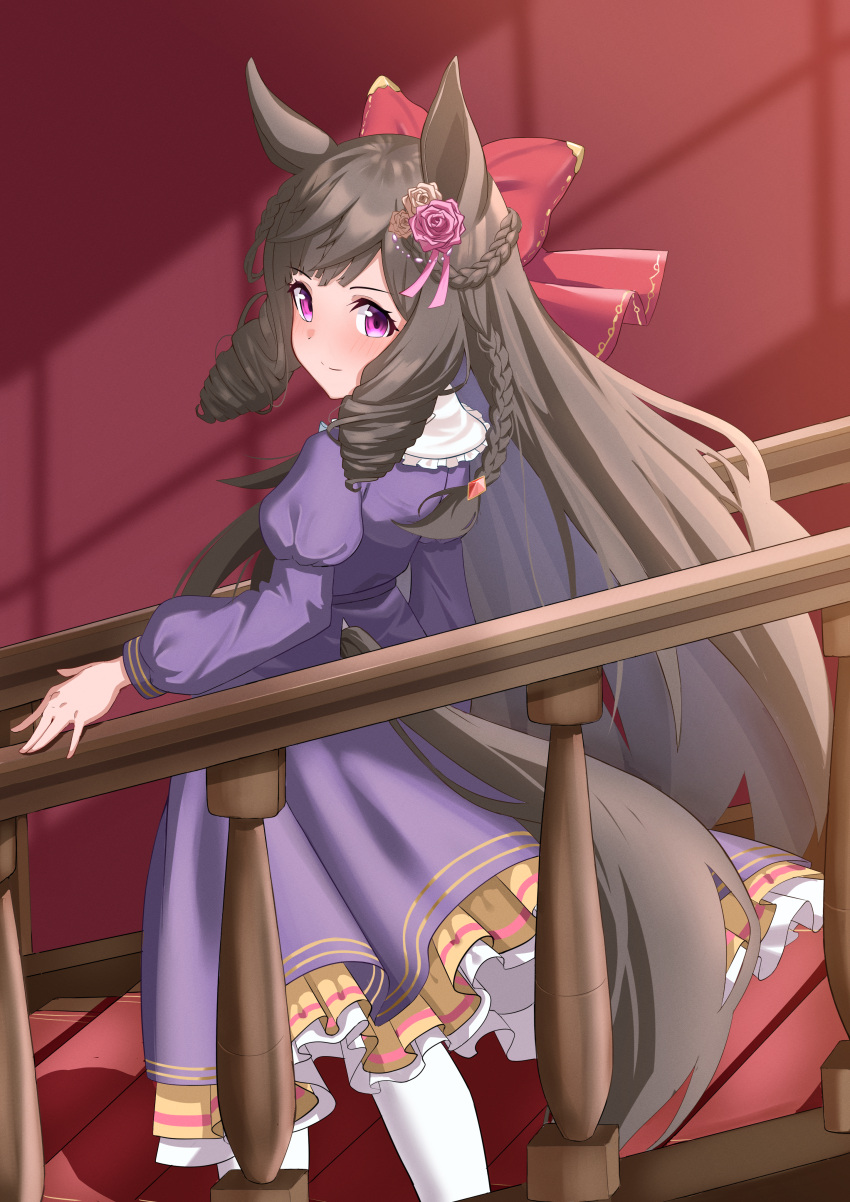 1girl absurdres animal_ears bow braid brown_hair daiichi_ruby_(umamusume) dress drill_hair ear_ornament french_braid frilled_dress frills highres horse_ears horse_girl horse_tail juliet_sleeves long_hair long_sleeves looking_at_viewer olecafe2 pantyhose puffy_sleeves purple_dress purple_eyes red_bow side_drill sidelocks solo stairs tail tail_through_clothes twin_drills umamusume very_long_hair white_pantyhose