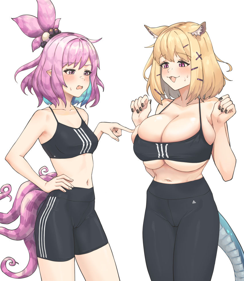 2girls absurdres animal_ears arknights bare_shoulders black_nails blonde_hair breasts cameltoe collarbone highres kirara_(arknights) large_breasts lizard_tail midriff multicolored_hair multiple_girls pointing pointy_ears purple_eyes radioneet sweat tail tentacles two-tone_hair utage_(arknights) white_background