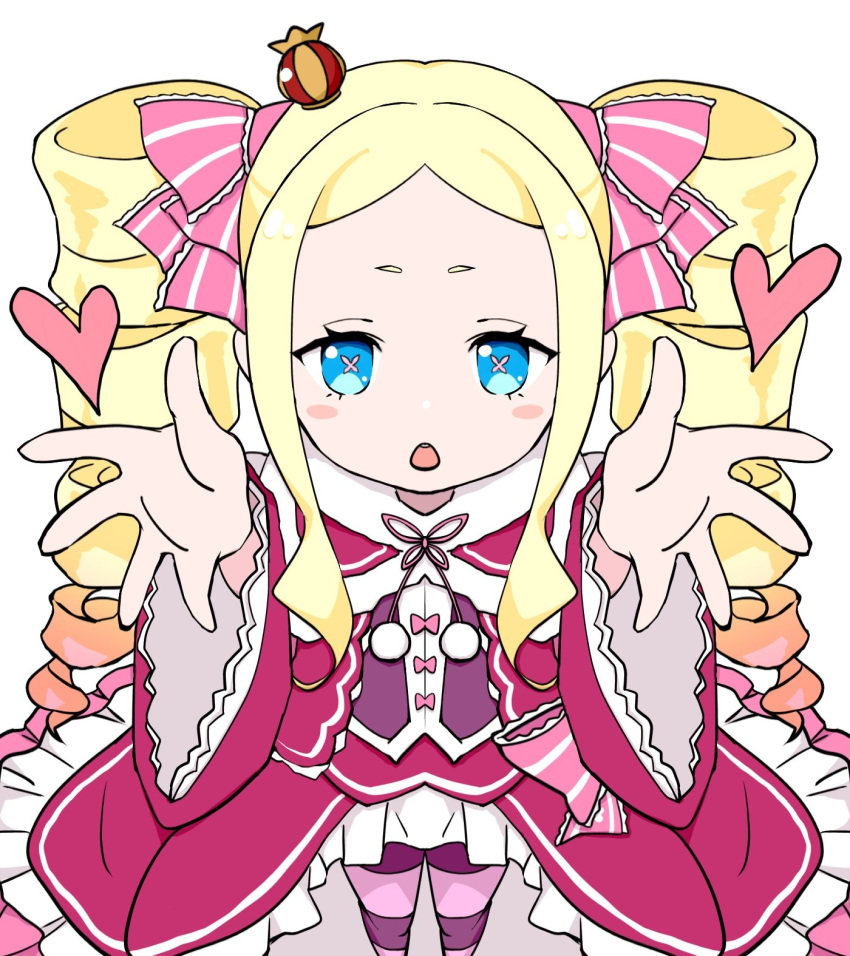 1girl beatrice_(re:zero) blonde_hair blue_eyes blush_stickers chestnut_mouth dress drill_hair feet_out_of_frame frills hair_ribbon heart highres long_hair looking_at_viewer prmsub re:zero_kara_hajimeru_isekai_seikatsu reaching_towards_viewer red_dress ribbon sidelocks simple_background solo striped striped_thighhighs symbol-shaped_pupils thighhighs twin_drills white_background