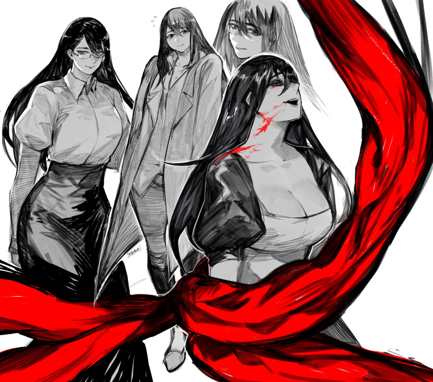 1girl breasts cleavage collarbone collared_shirt glasses highres jacket kagune_(tokyo_ghoul) kamishiro_rize large_breasts long_hair looking_at_viewer looking_up multiple_views puffy_short_sleeves puffy_sleeves shirt shirt_tucked_in short_sleeves skirt smile spot_color tentacles tokyo_ghoul white_background yourfreakyneighbourh