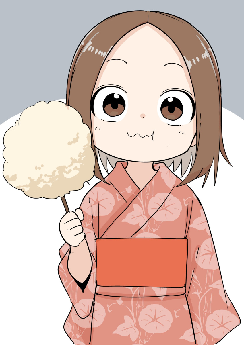 1girl brown_eyes brown_hair closed_mouth commentary_request cotton_candy floral_print food grey_background hand_up highres holding holding_food inaba_mifumi japanese_clothes karakai_jouzu_no_(moto)_takagi-san karakai_jouzu_no_takagi-san kimono long_sleeves looking_at_viewer nishikata_chii obi orange_kimono orange_sash sash short_hair sleeves_past_wrists solo two-tone_background wavy_mouth white_background