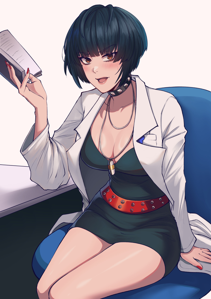 1girl absurdres belt black_choker black_dress black_hair blueriest bob_cut book breasts brown_eyes chair choker cleavage collarbone desk doctor dress elbow_rest english_commentary highres holding holding_book jewelry lab_coat looking_at_viewer medium_breasts necklace open_mouth pendant persona persona_5 red_belt red_nails short_dress short_hair sitting solo studded_choker takemi_tae taut_clothes taut_dress thighs v-shaped_eyebrows