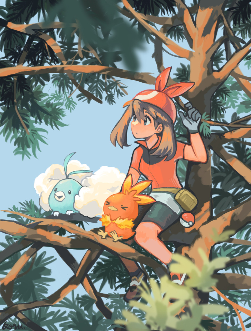 &gt;_&lt; 1girl absurdres bandana bird branch highres in_tree kleshuu may_(pokemon) poke_ball pokemon pokemon_(game) pokemon_rse sitting sitting_in_tree swablu torchic tree waist_poke_ball