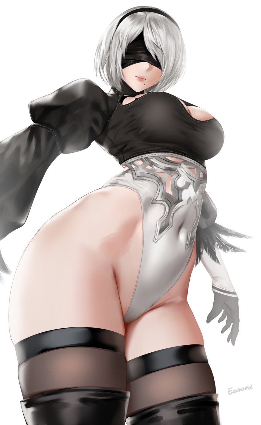 1girl 2b_(nier:automata) artist_name black_blindfold black_footwear black_gloves black_hairband black_leotard black_thighhighs blindfold breasts cleavage cleavage_cutout closed_mouth clothing_cutout commentary_request covered_eyes cowboy_shot easonx facing_viewer feathers gloves grey_hair hairband highleg highleg_leotard highres juliet_sleeves large_breasts leotard long_sleeves mole mole_under_mouth nier:automata nier_(series) puffy_sleeves short_hair simple_background solo thighhighs two-tone_leotard white_background white_leotard