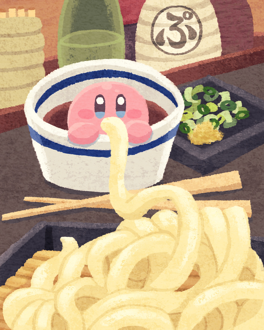 alcohol blue_eyes blush_stickers bottle chives chopsticks eating food food_focus highres in_bowl in_container kirby kirby_(series) miclot no_humans noodles plate sake tokkuri udon