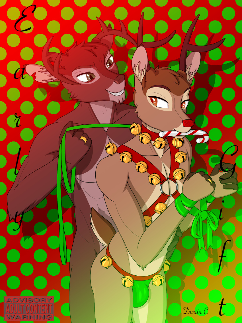 anthro antlers bambi bambi_(film) bell bell_collar bell_harness bottomwear bound bow_ribbon brown_body brown_eyes brown_fur brown_hair bulge candy candy_cane candy_cane_in_mouth candy_in_mouth christmas clothed clothing collar comic cover cover_art cover_page deer dessert digital_media_(artwork) disney duo dustin_c english_text eyebrows eyelashes food fur green_eyes green_leash green_ribbon hair hands_tied harness hi_res holidays horn jingle_bell jingle_bell_collar jingle_bell_harness jockstrap jockstrap_only leash leashed_collar looking_at_another male male/male mammal nude open_mouth red_nose ring ronno scut_tail short_tail simple_background smile standing tail text topless underwear underwear_only