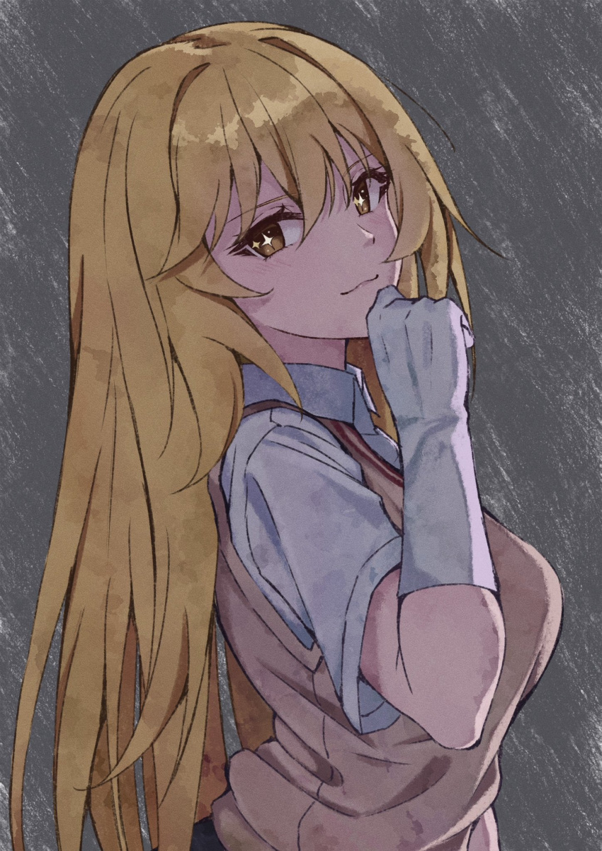 1girl blonde_hair breasts brown_eyes brown_sweater_vest closed_mouth collared_shirt commentary elbow_gloves from_side gloves hair_between_eyes hand_on_own_chin highres komura_hiroto large_breasts long_hair looking_at_viewer looking_to_the_side multiple_girls outdoors rain school_uniform shirt shokuhou_misaki short_sleeves smile solo star-shaped_pupils star_(symbol) summer_uniform sweater_vest symbol-shaped_pupils toaru_kagaku_no_mental_out toaru_kagaku_no_railgun toaru_majutsu_no_index tokiwadai_school_uniform upper_body very_long_hair wet wet_clothes wet_shirt white_gloves white_shirt