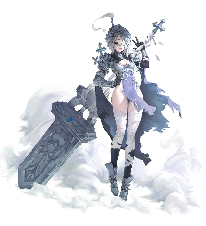 1girl 723_chfhrqur :d absurdres armored_boots bandages blue_eyes boots breasts cape cross fang full_body gauntlets hair_over_one_eye hand_on_own_hip highres huge_weapon looking_at_viewer original pelvic_curtain short_hair skin_fang small_breasts smile smoke solo tombstone torn_cape torn_clothes weapon white_background