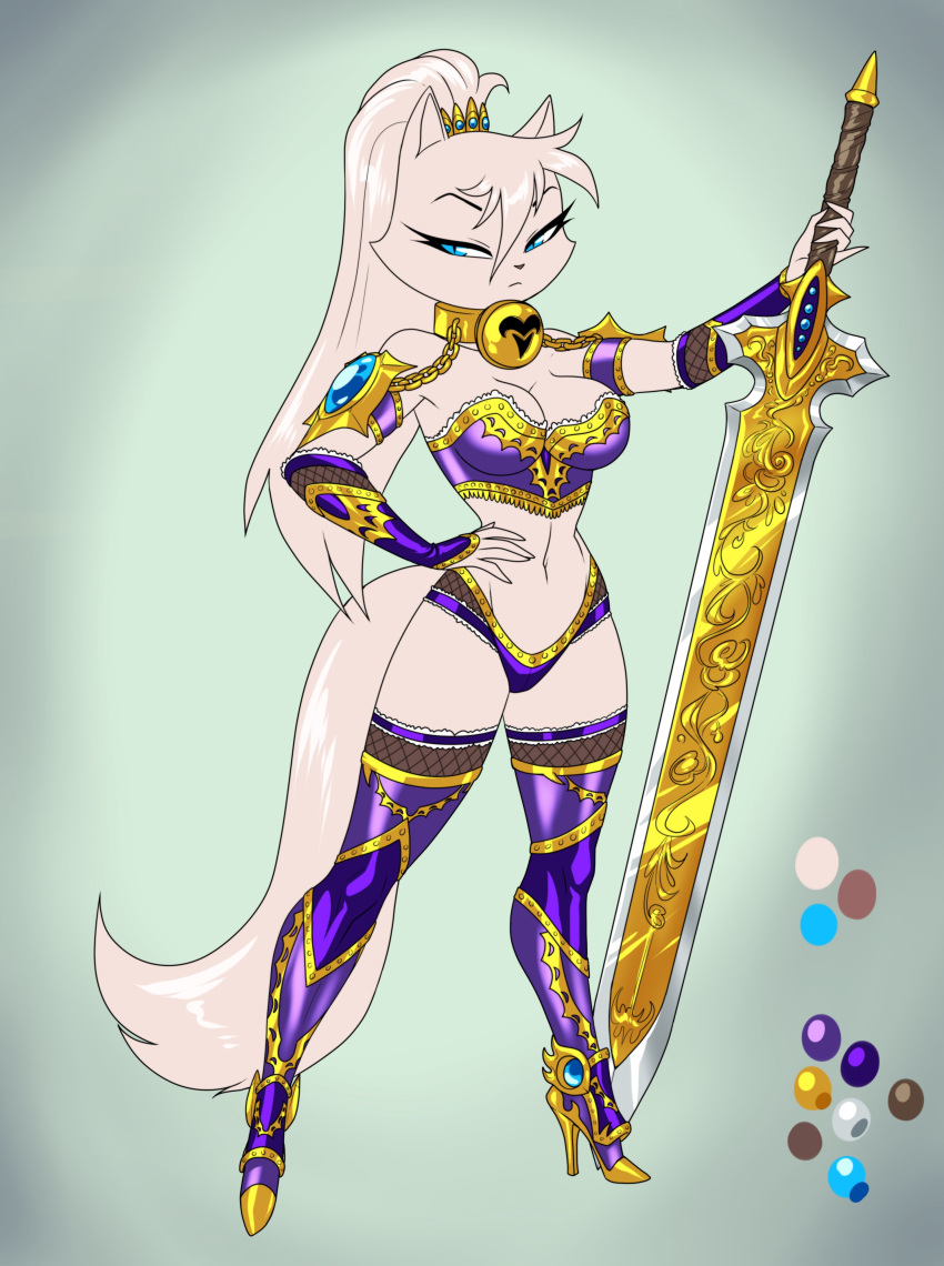 absurd_res anthro armor bell blue_eyes boots chain clothing color_swatch crovirus domestic_cat felid feline felis female fishnet footwear gem hair hand_on_hip hi_res high_heeled_boots high_heels legwear mammal melee_weapon ornamental_armor ponytail simple_background solo sword thigh_boots thigh_highs velvet_(crovirus) weapon