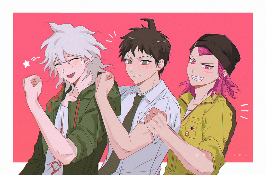 3boys :d ahoge black_headwear blush boleum_(dgrpluna) border brown_eyes clenched_hand collared_shirt danganronpa_(series) danganronpa_2:_goodbye_despair earrings green_jacket green_necktie hinata_hajime hood hood_down hooded_jacket jacket jewelry jumpsuit komaeda_nagito male_focus medium_hair multiple_boys necktie notice_lines open_clothes open_jacket open_mouth pink_background pink_eyes pink_hair print_shirt sharp_teeth shirt short_hair smile souda_kazuichi star_(symbol) teeth white_border white_hair white_shirt yellow_jumpsuit