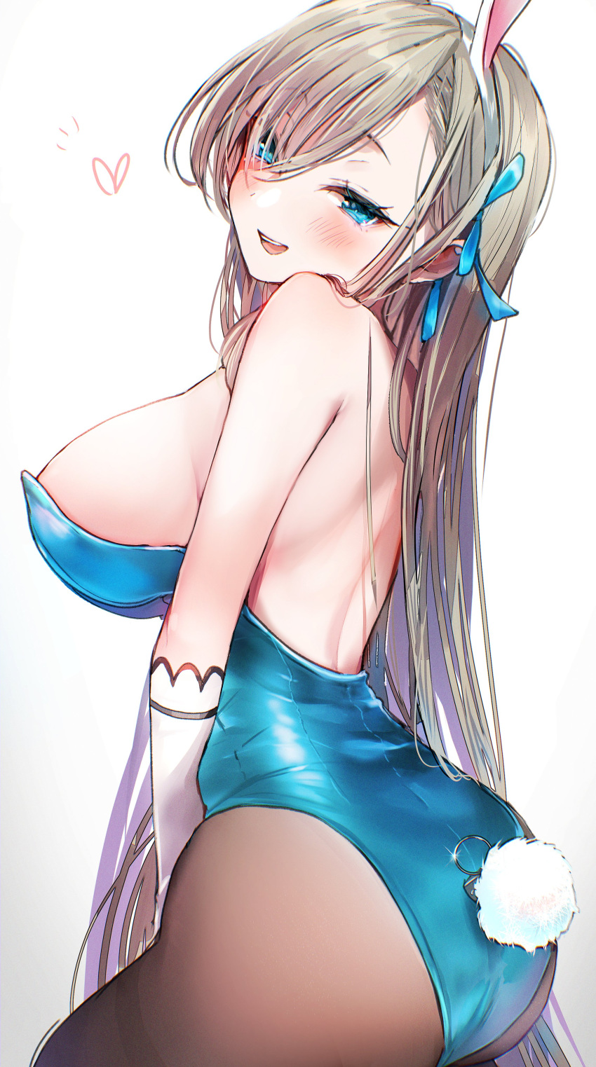 1girl absurdres animal_ears ass asuna_(blue_archive) asuna_(bunny)_(blue_archive) back bare_shoulders blue_archive blue_eyes blue_leotard blue_ribbon blush breasts brown_pantyhose elbow_gloves fake_animal_ears gloves hair_over_one_eye hair_ribbon halo highleg highleg_leotard highres large_breasts leotard light_brown_hair long_hair looking_at_viewer open_mouth pantyhose playboy_bunny rabbit_ears ribbon smile solo thighs tomozero very_long_hair white_gloves
