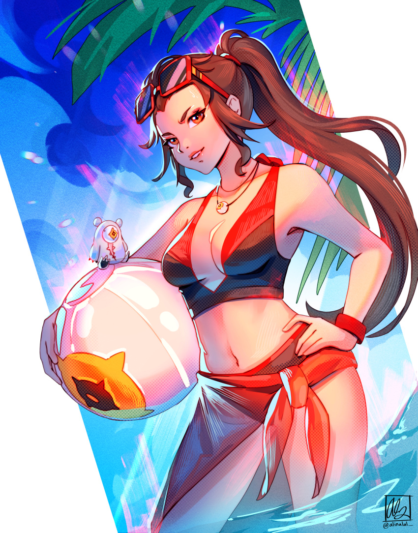 1girl 1other absurdres ai_the_somnium_files aiba_(ai_the_somnium_files) alina_l alternate_costume ball beachball bikini breasts brown_eyes brown_hair cleavage commentary creature eyewear_on_head grin hand_on_own_hip highres holding holding_ball holding_beachball jewelry kuranushi_shizue long_hair looking_at_viewer medium_breasts navel necklace partially_submerged ponytail sarong signature smile sunglasses swimsuit twitter_username water