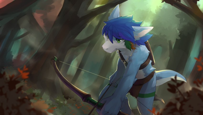 anthro arrow_(weapon) blue_body blue_fur blue_hair dragon forest fur furred_dragon glistening glistening_eyes green_eyes hair hi_res holding_arrow holding_bow_(weapon) holding_object holding_weapon kuttoyaki male mouth_closed narrowed_eyes plant quiver ranged_weapon running short_hair shrub solo tree weapon white_body white_fur