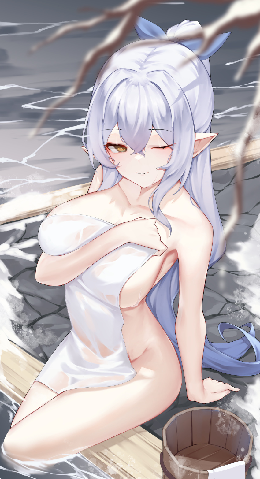 1girl absurdres aoria breasts brown_eyes bucket collarbone commission covering elf grey_hair hand_on_own_chest highres large_breasts long_hair looking_at_viewer nude nude_cover one_eye_closed onsen original outdoors parted_lips pointy_ears see-through sitting smile snow soaking_feet very_long_hair water wet_towel winter wooden_bucket