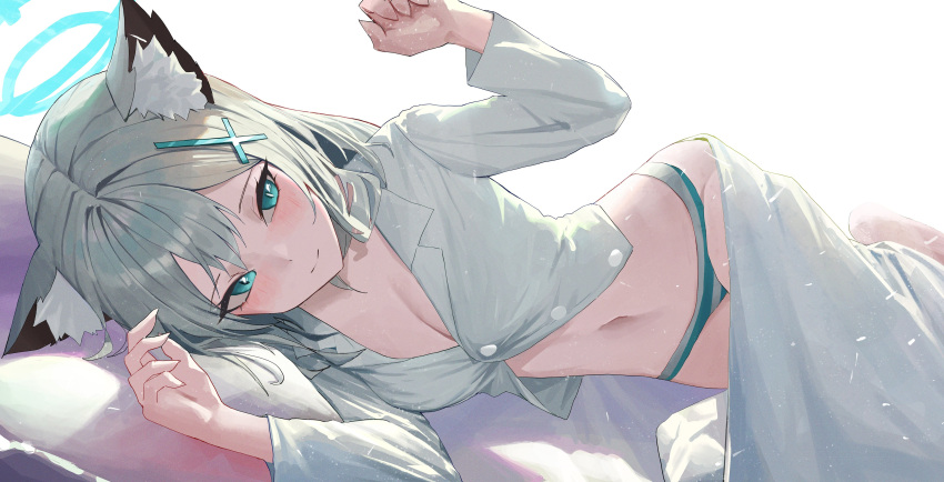 1girl absurdres animal_ear_fluff animal_ears bed_sheet blue_archive blue_eyes breasts cleavage cross_hair_ornament grey_hair hair_ornament halo highres hwan_(verypoor) lying medium_breasts medium_hair midriff mismatched_pupils navel on_bed on_side panties shiroko_(blue_archive) shirt simple_background solo striped striped_panties unbuttoned unbuttoned_shirt underwear white_background white_shirt wolf_ears