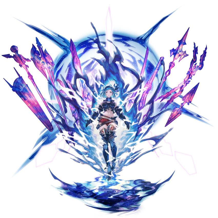 1girl armor axe back black_armor blue_eyes blue_hair bow dagger djeeta_(granblue_fantasy) electricity floating floating_object floating_sword floating_weapon full_body granblue_fantasy guider_to_the_eternal_edge gun harp instrument katana knife minaba_hideo official_art polearm short_hair spear staff sword third-party_source weapon