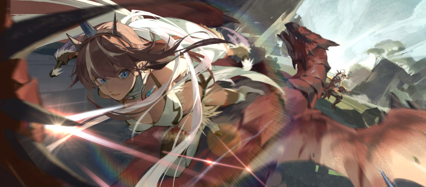 1boy 1girl absurdres arknights battle blonde_hair blue_eyes boots breasts brown_hair chinese_commentary cleavage commentary_request crop_top crossover dagger day dragon dual_wielding floating_hair grass highres holding holding_dagger holding_knife holding_sword holding_weapon horns jewelry kirin_(armor) kirin_x_yato_(arknights) knife lips long_hair mane mask medium_breasts medium_hair mole mole_under_eye monster_hunter_(series) multicolored_hair noir_corne_(arknights) oni_horns parted_lips pendant rathalos rathalos_(armor) rathalos_s_noir_corne_(arknights) red_armor sanbai_jin_ye_da_mao sky streaked_hair sword tree weapon white_footwear white_hair yato_(arknights)