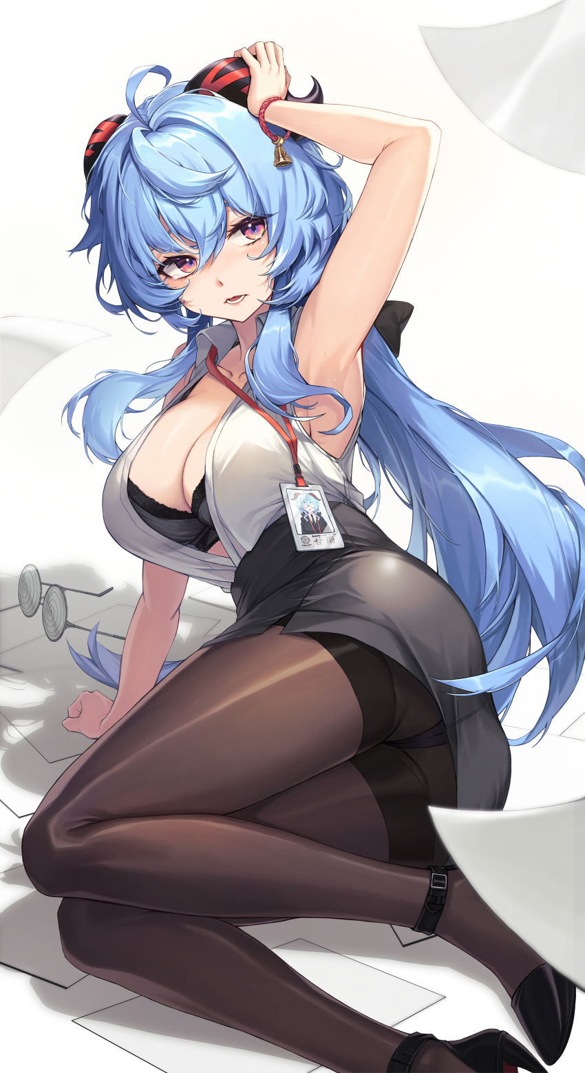 1girl @_@ absurdres ahoge alternate_costume ankle_strap armpits ass bell black_bra black_footwear black_panties blue_hair bow bra bra_peek breasts cleavage collarbone collared_shirt commentary flying_paper ganyu_(genshin_impact) genshin_impact glasses hair_between_eyes hair_bow hair_intakes hand_on_own_head high-waist_skirt high_heels highres horns id_card lace-trimmed_bra lace_trim lanyard large_breasts light_blush long_hair looking_at_object lying office_lady on_side open_mouth panties panties_under_pantyhose pantyhose pantyshot paper pencil_skirt purple_eyes see-through shirt shirt_tucked_in sideboob sidelocks single_horn skirt sleeveless sleeveless_shirt solo sunnillust tented_shirt thighband_pantyhose tripped unbuttoned underwear white_shirt wristband
